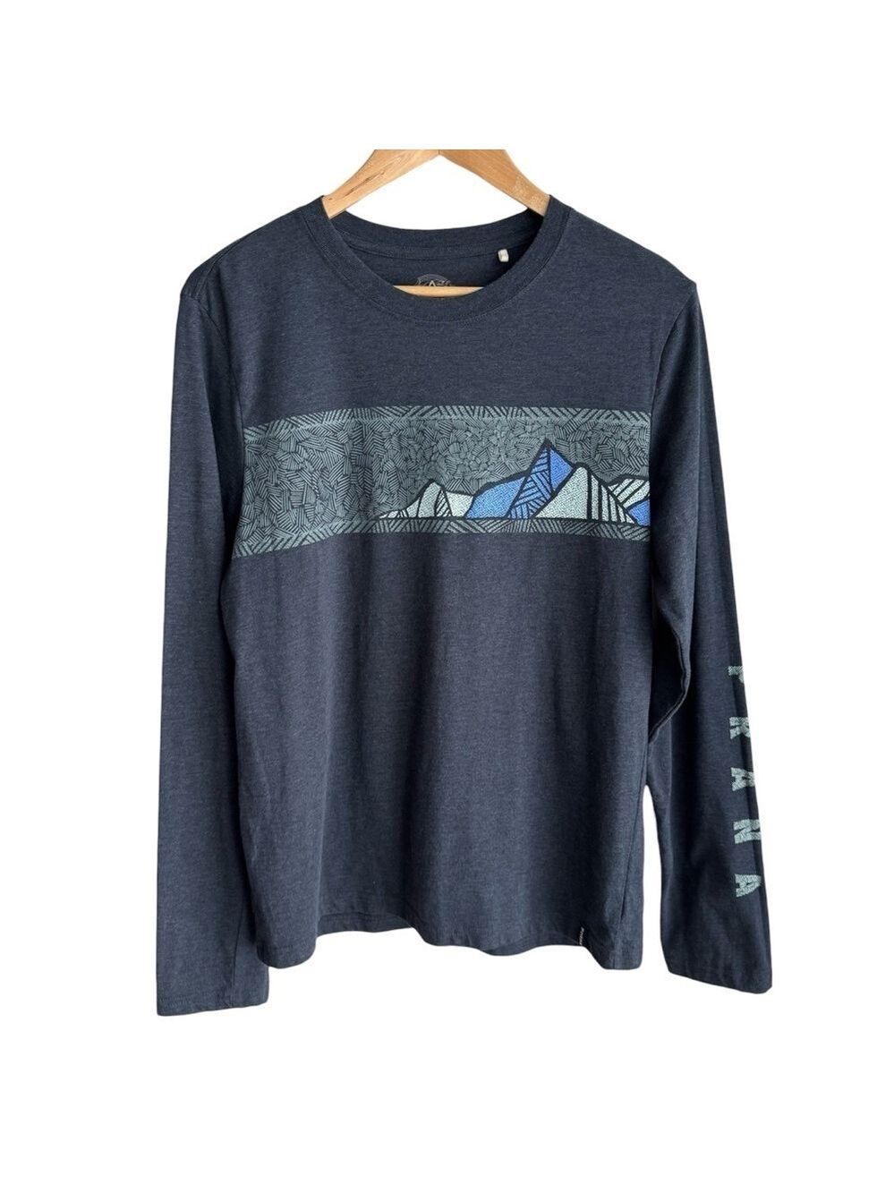 PrAna Long Sleeve Graphic Tee Mens S Navy Blue Mountain Outdoor Organic Cotton